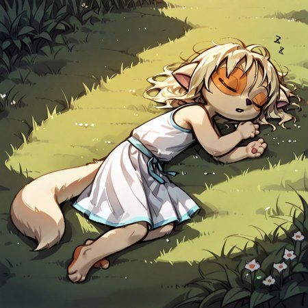 Dreamkeepers,1girl,Paige,solo,furry,tail,source_furry,blonde hair,
masterpiece, child, kid, 
grass, laying, sleeping, summer, outside, messy hair, white summer dress,