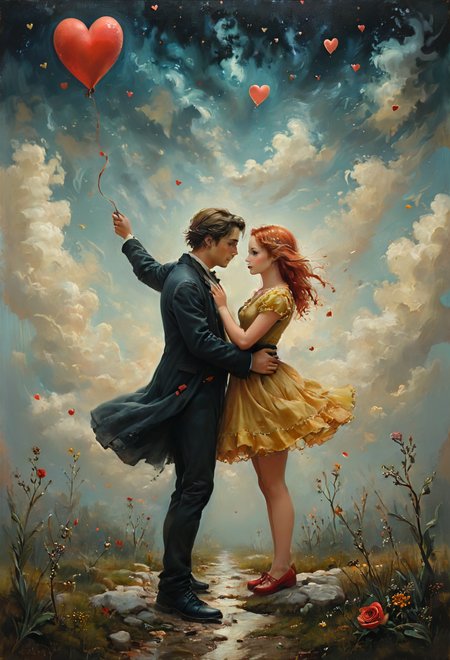 Oil painting, cute, colorful, vivid and whimsical, imaginative, surreal fantasy,  An epic image of unrequited lost love, ((dynamic angle, dynamic view, dynamic pose)), blurred background, 
<lora:add-detail-xl:1> ,  <lora:aidmaImageUpgraderSDXL-v0.3:0.75> aidmaimageupgrader,   <lora:xl_more_art-full_v1:1>,   <lora:tbh210-sdxl:0.35> style of Art Frahm,  <lora:tbh278-sdxl:0.30> style of Stephen Mackey,  <lora:tbh102-sdxl:0.45> style of Andreas Achenbach <lora:Flux-style-xl-lora:0.85> flux-style