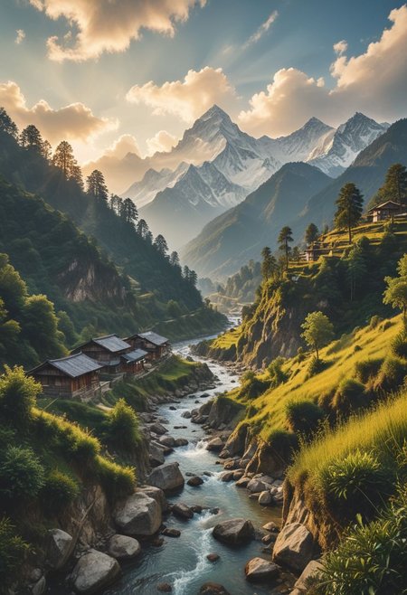 A serene and picturesque scene of the Nepal valley, surrounded by towering Himalayan mountains. In the distance, the majestic Mount Everest, the highest peak in the world, proudly stands tall, adorned by its icy white cap. The valley itself is lush and green, dotted with small villages and terraced rice paddies.
The sky is a brilliant blue, unobstructed by clouds, allowing the warm sunlight to bathe the entire landscape in a golden glow. The air is crisp and clean, filled with the scent of pine trees and the sound of rushing mountain streams. 
In the foreground,there is a wooden bridge across that spans a narrow gorge. The image evokes a sense of peace and harmony, as well as an overwhelming appreciation for the raw beauty and majesty of nature.