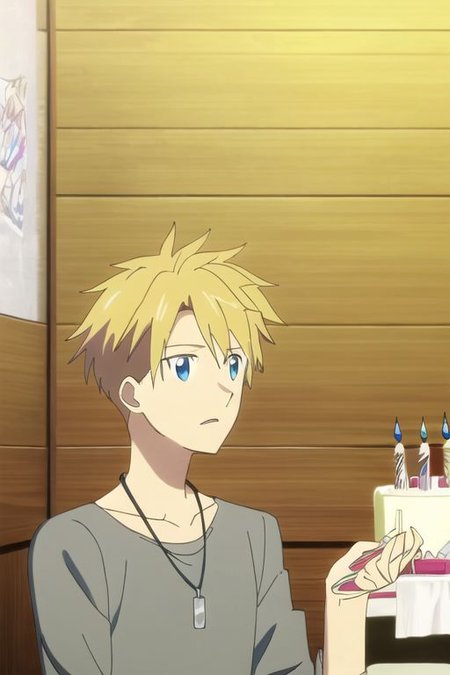 high resolution, professional photography, solo, best quality, 1Boy, Yamato Ishida, Blond Hair, Deep Blue Eyes, Necklace, surprise, birthday surprise, funny, birthday cake, birthday party, OverallDetail