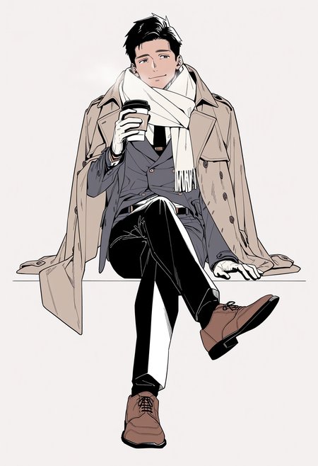 masterpiece, best quality, very aesthetic, highres, hima0jin, <lora:hima0jin_IllustriousXL_Î²:0.8>,
original, solo, smile, short hair, simple background, shirt, black hair, gloves, 1boy, holding, sitting, jacket, full body, male focus, necktie, shoes, belt, pants, white gloves, grey background, scarf, cup, coat, brown footwear, crossed legs, holding cup, white scarf, disposable cup, coffee cup