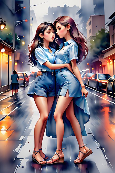 small breasts, pretty face, perfect body, yuri, kissing, open street, rain, raining, summer rain, wet hair, passionate, intimate, lesbian, lift up dress, High-waisted shorts, button-up shirt, sandals, absurdres, masterpiece, 8k, high detail, intricate, best quality, <lora:WaterColorful:0.75>
