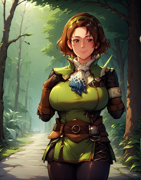 ((score_9, score_8, score_7)),((score_9, score_8, score_7)),score_9,score_8_up,score_7_up,score_6_up,rating_explicit,dynamic camera,single angle BREAK <lora:locon_perfecteyes_v1_from_v1_64_32:1>,perfecteyes,eyes,detailed eyes,<lora:Perfect Hands:1>,perfect,hands,<lora:Serious_Handler_Pony:1>,1girl,cute,serious_handler,short hair,brown hair,gloves,brown eyes,huge breasts,pantyhose,hairband,black gloves,elbow gloves,belt,black pantyhose,ascot,leather,green hairband,leather gloves,leather boots,smile,forest background,<lora:add-detail-xl:3>,confident smile,<lora:Lunas-Sparrow-SDXL-A1:1>,<lora:deepgrab:1>,