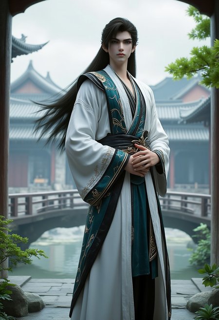 This is a highly detailed digital illustration featuring a tall, slender young man with long, dark brown hair cascading down his back. He has pointed, fox-like ears protruding from his head, indicating he might be a fantasy or mythical creature. His expression is calm and composed. He is dressed in a traditional East Asian robe, predominantly white with intricate teal and black patterns, which flows gracefully around him. The robe is belted at the waist with a teal sash adorned with gold accents. 
The background showcases a serene, ancient Chinese-style courtyard with a wooden bridge and traditional buildings with pagoda roofs. The scene is bathed in soft, diffused light, creating a mystical and ethereal atmosphere. The foreground features lush greenery, including a small tree and various plants, adding to the tranquil setting. The overall color palette is dominated by shades of white, teal, and black, with subtle touches of gold and green. The image is highly detailed, with realistic textures in the fabric and foliage, and a smooth, polished finish typical of digital art. The artist's signature is visible in the bottom right corner.