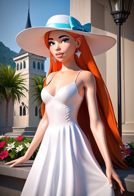 Score_9, score_8_up, score_7_up, score_6_up, score_5_up, score_4_up, source_cartoon, (rating safe), ((masterpiece, high quality)), (absurd resolution), 3d, Realistic, photo-realistic, extremely detailed), 1girl, BREAK,1girl, xninax, long hair, orange hair, blue eyes, ear piercing,(((white Summer hat))), white long beach dress, hair under hat, luscious lips, make up,