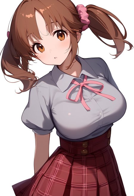 1girl,
totoki airi,


solo, twintails, large breasts, looking at viewer, blush, skirt, short sleeves, simple background, brown eyes, puffy sleeves, plaid skirt, neck ribbon, parted bangs, arms behind back, plaid, pink ribbon, pink scrunchie, breasts, pleated skirt, shirt tucked in, grey shirt, collared shirt, ribbon, puffy short sleeves, medium hair, cowboy shot, brown hair, shirt, scrunchie, white background, red skirt, hair ornament, hair scrunchie, parted lips,

sfw
<lora:a31_char_new_totoki_airi:1> <lora:a31_style_koni-000010:0.8>