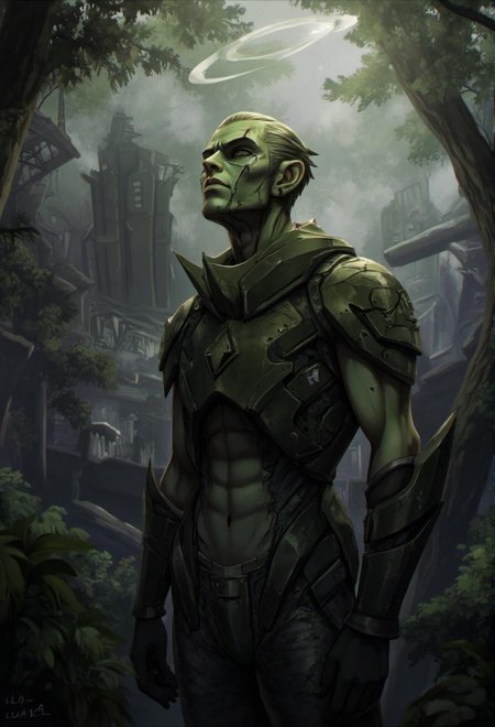 <lora:ck-LttleGhost-000011.safetensors:1> in the style of ck-lttlegh0stBlaze stands amidst a futuristic industrial jungle, his rugged face scarred and weathered from countless battles. A halo of light illuminates his chiseled features, highlighting sharp angles and planes. His armor appears forged from the earth itself, twisted metal plates and jagged edges etched with sweat and blood. Every contour of his body seems molded from darkness, muscles rippling like a mechanized beast as he gazes out at the mist-shrouded dystopia before him.