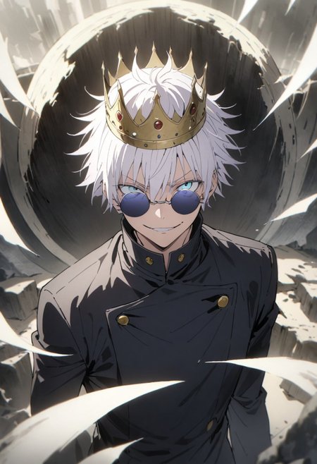 score_9, score_8_up, score_7_up, score_6_up, masterpiece, best quality, absurdres, cinematic, perfect composition, solo, 1boy, gojou satoru, blue eyes, white hair, crown on head, round sunglasses, jacket, black jacket, gakuran, school uniform, high collar, smirk, standing, looking at viewer,
