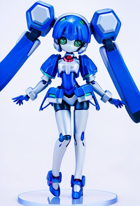 masterpiece, score_9, score_8_up, score_7_up, EasyNegative_v2, 
(best quality:1.1),ultra-detailed, high resolution, super detailed skin, beautiful detailed eyes, nsfw, Brightly Lit, Highly Visible, 8k, sharp focus, beautiful, perfect lighting, beautiful eyes, anatomically correct, anatomically correct face, extremely detailed eyes, smooth edges, beautiful face, symmetrical eyes, symmetrical face, 
(standing, Full-body view:1.2), 
1girl, cute girl, blazermate, (robot girl, android:1.3), (roaot eyes, green eyes, blue hair, twin tails, no mouth:1.2), (colored skin, robot skin, white skin, blue skin, robot joints:1.5), 
(simple background, white background:1.2), (solo focus:1.5), 
(looking at viewer:1.5),  (figurine:1.5),