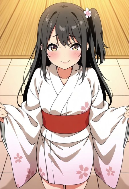 masterpiece, best quality, 1girl, solo, brown eyes, black hair, long hair, hair ornament, one side up, japanese clothes, side ponytail, sash,
, blush, blurry, tile floor, cowboy shot, smile, looking at viewer,