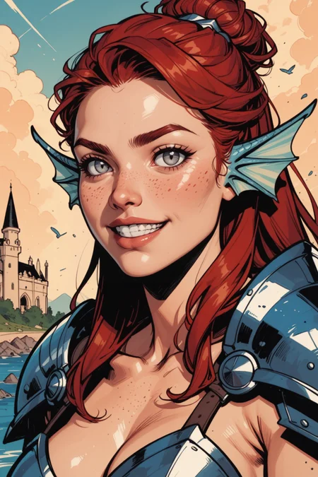 1girl, solo, head fins, smile, breasts, fins, freckles, cleavage, red hair, teeth, grin, long hair, looking at viewer, upper body, collarbone, armor, monster girl, outdoors, shoulder armor, medium breasts, fish girl, castle, grey eyes, lips, scales, pauldrons, white eyes, sky, artist name, <lora:Expressive_H:0.5>, score_9, score_8_up, score_8_up, a_Comic_Illustration, rough lines with ink, (drawn:1.1), (sketch:1.5), (crosshatching:1.25), (comic style:1.1), graphic novel style, sharp lines, hires, zstyle, (western comics \(style\):1.1), (hatching \(texture\):1.2), zPDXL, Mr_Monster_Possitive