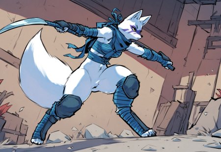 safe_pos, score_9, score_8_up, score_7_up,furry, anrhro, furry artic fox, bandages, ninja outfit, ninja, bottomless. featureless crotch, knee pads, arm guard, leg wraps, fluffy thighs, Alopex, expressionless. yellow eyes, holding scythe