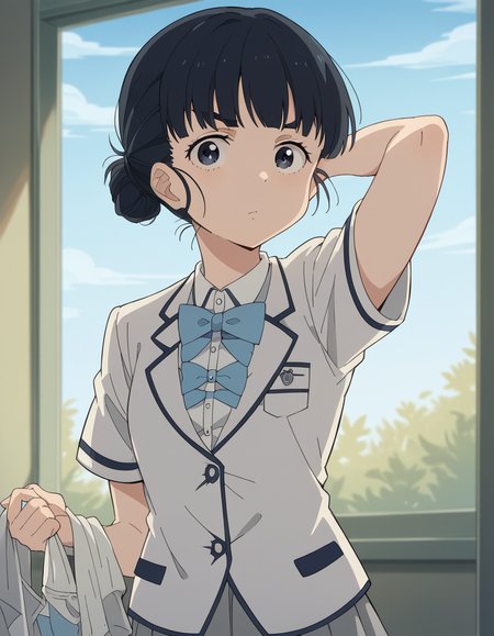 score_9, score_8_up, score_7_up, source_anime, <lora:tiara-basori-s1-ponyxl-lora-nochekaiser:1>, tiara basori, bangs, black hair, hair bun, black eyes, single hair bun,, skirt, shirt, bow, school uniform, white shirt, short sleeves, grey skirt, pleated skirt, bowtie, blue bowtie, blue bow, blazer,, laundry day, clothesline, drying clothes, domestic life, fresh air, blue sky, , looking at viewer, hand behind head, , solo,, cowboy shot, dutch angle
