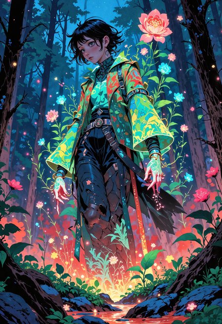 (in Otomo Katsuhiro style:1.2), masterpiece, high-quality, An abstract botanist character with arms covered in blooming bioluminescent flowers that seem to grow as they move, Her outfit combines loose leaf-patterned fabric and a jacket with geometric botanical designs, the ground she walks on turns to lush flora in her wake, The forest backdrop is alive with hazy colors and swirling light, bioluminescent flora, living botany, color haze, (Stylized in organic fantasy surrealism with a natural glow and detailed floral texture:1.2), (elaborate fine details:1.1), (hyperdetailed:1.1), (intricate details:1.0), (Refined details:1.1), (best quality:1.1), (high resolution:1.2), <lora:FLUX\Anime v1.3:0.6> <lora:FLUX\VividlyReal:0.6> <lora:FLUX\FLUX-daubrez-DB4RZ:0.4>