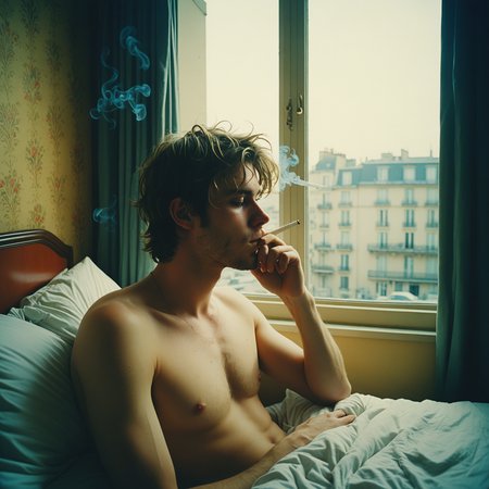 lomography, hazy, looking out of a window smoking, rough hot fuckboy relaxing in hangover, rundown french hotel room with bed, dreamy, impressionistic, bohemian, moody