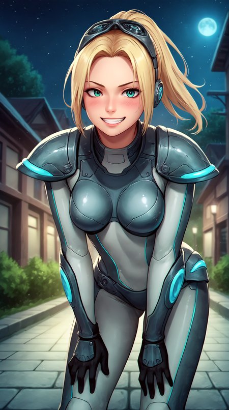 score_9, score_8_up, score_7_up, best background, detailed background, 4k, upscale, anime_source,  Nova, Main Outfit, solo, bent over, grin, blush outdoors, night,  <lora:JN_Nova_Pony:0.8>