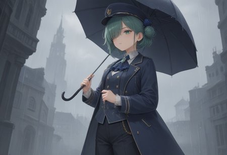 score_9, score_8_up, score_7_up,source_anime,
1girl, grey-green hair, grey-green eyes, side bun, navy blue coat, navy blue waistcoat, white lace ascot, blue brooch, black pants, cuffs, grey rose pattern, large black boater hat, light blue hat ribbon, one eye covered
holding umbrella, black umbrella
rain, storm clouds, crumbling buildings