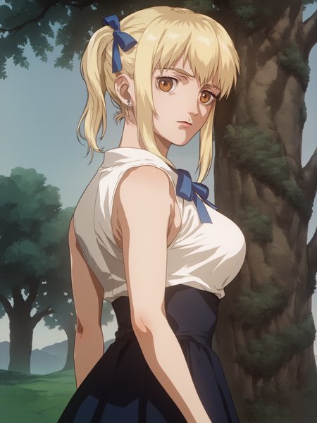 score_9, score_8_up, score_7_up, score_6_up, score_5_up, source_anime, smooth_anime,
Lucy_Heartfilia, 1girl, solo, brown_eyes, blonde_hair, ribbon, hair_ribbon, looking_at_viewer, long_hair, outdoors, jewelry, earrings, breasts, looking_back, sleeveless, blue_ribbon, skirt, shirt, tree, large_breasts, sleeveless_shirt, blue_skirt, long_skirt, day
 <lora:Vampire_Hunter_D:1>