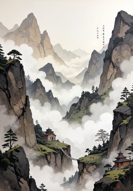 A masterful shanshui landscape depicting the 'Five Sacred Mountains' (Wuyue) of Chinese Taoist tradition, rendered in the classic Northern Song Dynasty style. Towering granite peaks emerge from swirling mist banks, with precipitous cliffs and ancient gnarled pines clinging to impossible angles. Delicate ink wash techniques create atmospheric depth through layered monochromatic gradationsâdark sumi-e foreground elements transitioning to pale, ethereal distant summits. Small figures traverse winding mountain paths, their scale emphasizing nature's grandeur. Scattered Taoist temples with upturned eaves nestle among verdant valleys, their vermilion accents providing subtle contrast against the predominantly black and sepia palette. Calligraphic inscriptions in elegant kaishu script float in negative space, enhancing the philosophical contemplation of immortality and cosmic harmony. Rice paper texture visible throughout, with intentional dry-brush techniques creating textural variety in rock faces and vegetation. <lora:Dark_Gothic_Comic_style_v.2:0.4> <lora:Chris_Luka:0.6> <lora:Anime realistic V1:0.5> <lora:Niji V2B:0.4> <lora:ç»ªå¿ CGé£æ»¤éFLUX:0.6> <lora:flux_dev:1>