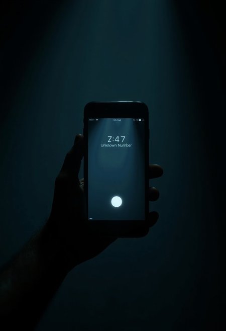 horror theme, dark, 
a modern cellphone centered on the screen, the screen indicating that the cellphone is receiving a call from "Unknown Number". The top bar of the cellphone indicates the text "NO RECEPTION"