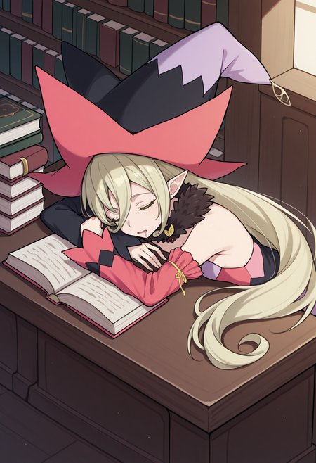 masterpiece, best quality, 1girl, solo, M4gil0u, green eyes, pointy ears, blonde hair, very long hair, hair between eyes, witch hat, fur collar, multicolored vest, strapless, detached sleeves, mismatched sleeves, indoors, library, sleeping, head on desk, open book, book stack, closed eyes, drooling, from above, wide shot, <lora:ChamMagilouIllustriousXL:1>