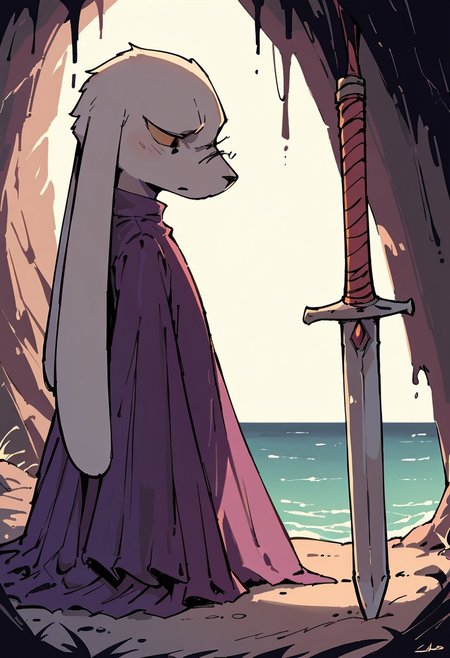 score_9,score_8_up,score_7_up, cave, shadow, lighting, king, purple dress, long ears, side view, ocean, looking down at the water, sword on the ground