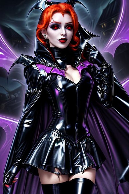 MEvil, EvlSM, Bad_End_Precure, DarkPrecure, adult, evil corrupted princess wearing dark pastel (ruffled:1) (gleaming latex:1) (sailor senshi uniform) with (long latex vampire cloak:1.5) and latex gauntlets, soft lighting, ruffles,
( long legs, crescent, crescent facial mark, makeup, lipstick, mascara, eyeshadow),
(red eyes, colored skin, glowing eyes, evil smile),
(vmpr),
<lora:more_details:0.5>,