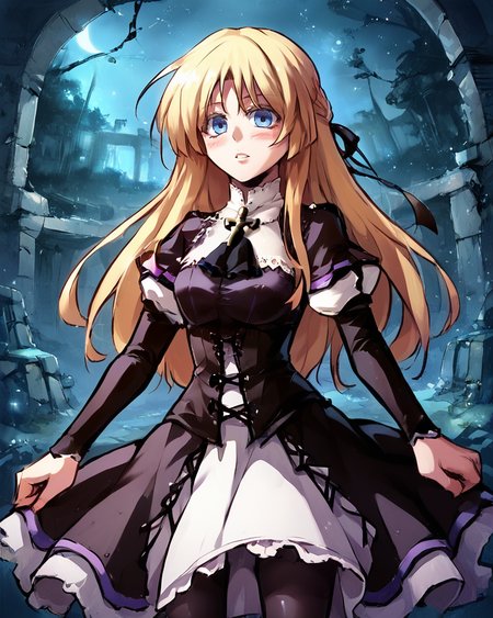 (score_9, score_8_up, score_7_up), source anime, indoors, forest, night, ruins, (night), stars, cosmos, <lora:backgroundsetXL:0.2> , background, woman ruins standing, female focus, blush, looking at viewer, <lora:HandFixer_pdxl_Incrs_v1:0.45> , handfixer, depth of field, highly detailed,(cowboy shot),  <lora:StS_detail_slider_v1PonyXL:1>, detailed, clutter, <lora:Manhwa-Artstyle__PonyXL__Shufflebox:0.75> , Manhwa-Artstyle, anime_source,   <lora:Yggdra:0.6> , yggdef, 1girl, blonde hair, long hair, blue eyes, hair ribbon, ascot, juliet sleeves, black sleeves, dress, cross-laced clothes, cross-laced dress, lace-trimmed dress, lace trim, corset, black pantyhose,