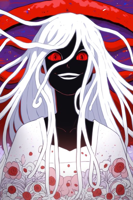 (score_9,score_8_up,score_7_up,),<lora:nadeko-000025:1>,nadeko white,white hair,long hair,red eyes,snake hair,white dress,(portrait:1.1),<lora:f3nn3rXLP:0.8>,f3nn3r,colourful,pink,blue,black,red,trippy,evil smile,