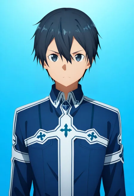 masterpiece, best quality, , , looking at viewer, 1boy, solo, male focus, <lora:kazuto_kirigaya_ilxl:0.94>, kazuto_kirigaya_alicization, black hair, black eyes, short hair, hair between eyes, sword art online: alicization, ,
