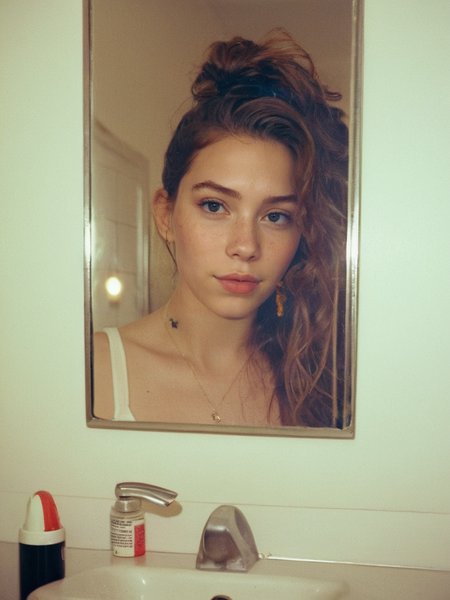 Analog photo of a woman looking like Daisy_Carmichael_P_MXAI_SDXL looking into the mirror in a public bathroom, graffitti on the walls
