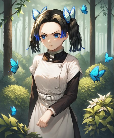score_9, score_8_up, score_7_up, highres, hi res, best quality, masterpiece, 2d, intricate details, 4k, anime coloring, shadow, uncensored,
1girl, solo, female, blue eyes, black hair, hair ornament, side ponytail, parted bangs, v-shaped eyebrows, forehead, butterfly hair ornament,
long sleeves, dress, jacket, short sleeves, apron, layered sleeves, short over long sleeves, demon slayer uniform,
looking at another,
outdoors, forest, bushes, branches, foliage, kanzaki aoi \(kimetsu no yaiba\), kimetsu no yaiba, <lora:KanzakiAoi1024_Pony:1>