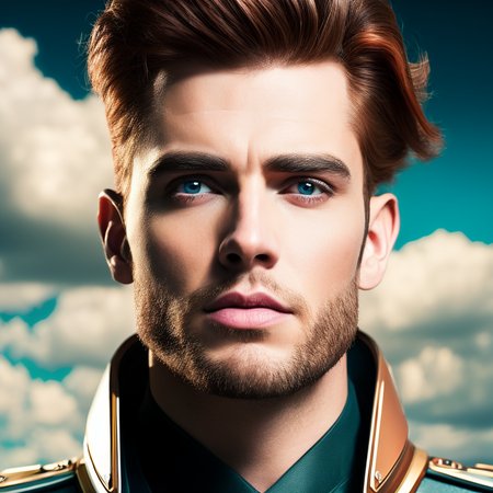 headshot portrait of a handsome man, with detailed eyes , retrofutur5-400, clouds
