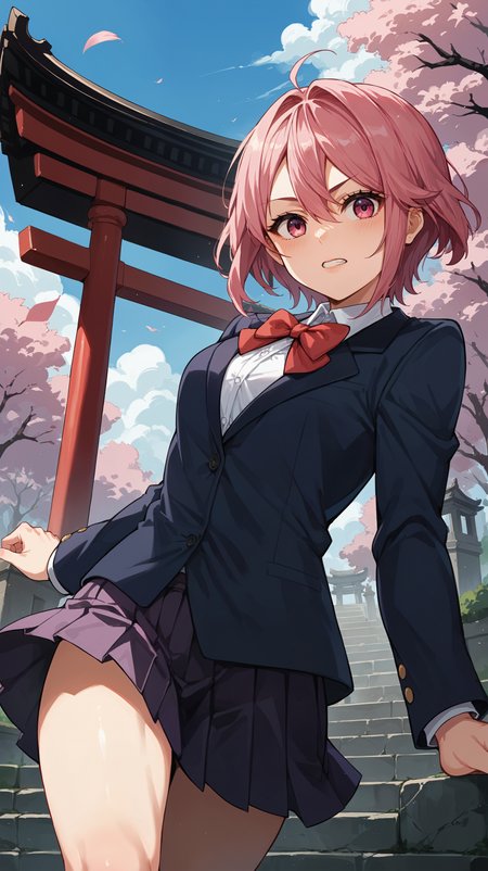 score_9,score_8_up,score_7_up,score_6_up, <lora:xl_more_art-full_v1:0.5>, source_anime, girl, dynamic pose, dorsiflexion, <lora:Aira Shiratori - Pony:0.7>, short hair, pink hair, hair between eyes, pink eyes, school uniform, blue blazer, white collar, collared shirt, red bowtie, pleated skirt, purple skirt, temple, monument, shrine,