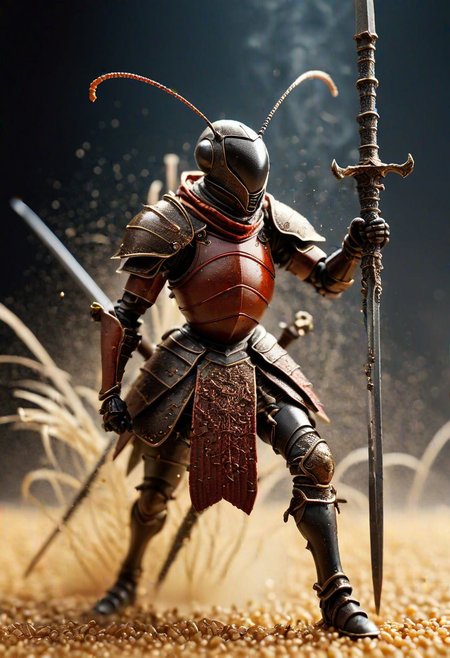ant warrior, oversized grain of rice, Renaissance battle scene aesthetic, epic struggle, detailed ant armor,  swords crafted from splinters, dramatic lighting, dust swirls, miniature battlefield