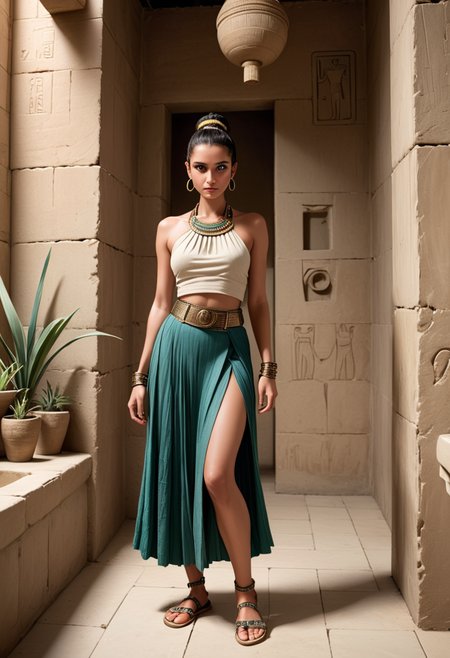 (medium full shot) of (supermodel queen from ancient egypt) young woman, slender build, black hairbun hair, green eyes, tan skin, egyptian makeup, wearing  Linen halter-neck top with crocodile scale print, pleated linen  skirt with gold fringe, woven palm leaf sandals with ankle straps, anklets adorned with precious stones braided leather belt with scarab buckle gold bangle bracelets, holding a papyrus scepter,  set in the ancient egypt era, in  Lavatory, Simple chamber with smooth limestone walls, a row of ceramic pots lined along one side, aromatic herbs bundled in baskets hanging from the ceiling, small windows allowing a glimpse of the Nile, woven reed mats covering the floor  , at sunset, woman smiling, detailed face, ,Masterpiece,best quality, photo, realistic, very aesthetic