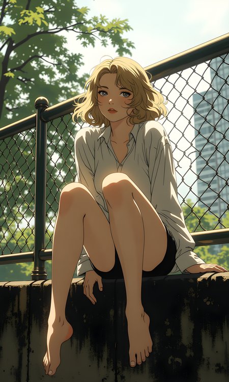 A young woman with blonde hair sits on a concrete ledge, her legs drawn up and arms resting on her knees. The camera is positioned at eye level, capturing her from a slightly low angle that emphasizes her relaxed yet contemplative posture. Natural light filters through the overcast sky, casting soft shadows that gently contour her features and the texture of her clothing. The light is diffused, creating a calm and serene atmosphere. In the background, a metal fence with diamond-shaped patterns runs horizontally, adding depth to the scene. Beyond the fence, blurred greenery and hints of urban structures are visible, suggesting an outdoor setting in a city or town. The composition is balanced, with the subject placed slightly off-center, allowing the viewer to take in both the woman and her surroundings. The overall mood is one of quiet introspection, as the woman appears lost in thought amidst the subtle interplay of light and shadow.
BREAK anime, d13s3lp2nk, bboil artist style, OBdonman, Anime art, <lora:FLUX\Anime Art V3:0.2>, <lora:FLUX\Synesthesia:0.2>, <lora:FLUX\RetroAnimeS1.1:0.5>, <lora:FLUX\Flux-jijia:0.1>, <lora:FLUX\It's a LoRA for portraits, BUT! actually specialized in backgrounds. v1.0:0.1>, <lora:FLUX\GLSHS:0.2>, <lora:FLUX\Dieselpunk Delight - s0_9 g4:0.4>, <lora:FLUX\OBdonman, anime0style portrait:0.1>