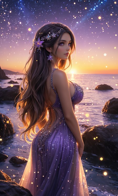 photorealistic, realistic composition, absurdly long hair, glittering dust, extremely low lighting, close-up  shot, long fingernails, huge breasts, long bangs, purple sky, lens flare, 
A striking woman with radiant hair and a fireflies-covered gown, standing on a rocky shoreline under a star-filled sky, elaborately detailed background, 4k resolution, realistic reflections, soft glow, camera angle from behind, looking out to sea, wistful expression.
<lora:CinematicStyle_v1:1>,  <lora:extremely_detailed:1> extremely detailed