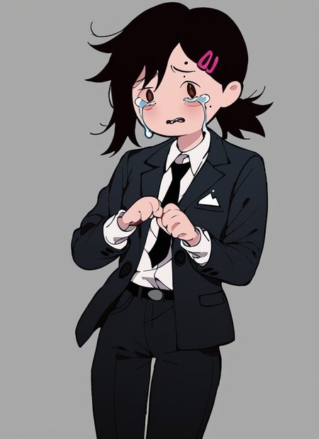 <lora:Adventure_Time_Style_LORA:1>, score_9, score_8_up, score_7_up, , adventure time style, flat color, vector ilustration, (dot eyes), round face,,,, kobeni higashiyama, black hair, hair ornament, hairclip, mole, mole under eye, ponytail, short hair, brown eyes,
black necktie, black pants, business suit, formal, long sleeves, necktie, pants, suit, (fears:1.5), (fears facial expression), (crying:1.2),