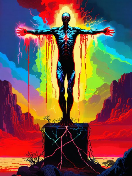 pixel art, 64 bit, fighting game style masterpiece, best quality, ultra realistic,32k,RAW photo, detail skin, 8k uhd, dslr, high quality, film grain, \nShort and messy hair, dynamic, vibrant, action-packed, detailed character design, reminiscent of fighting video games, black bloody veins growing and intertwining out of the darkness, oozing thick neon rainbow blood, veins growing and pumping blood, vascular networks growing, connecting, expanding, red veins everywhere, zdzislaw beksinski, (vibrant colors:1.1), (Repetition:1.1), (Cross-hatching:1.1), (Infrared:1.2), Rust, Hypercube, ultra detailed, intricate, oil on canvas, ((dry brush, ultra sharp)), (surrealism:1.1), (disturbing:1.1), beksinski style painting, sparks, lens flare, rim lighting, backlighting, RTX, Post Processing, satanic cross, man body, muscular, venom costume, (Pixel Art:1.5), highly detailed  <lora:pixel_art_lora:1.0>