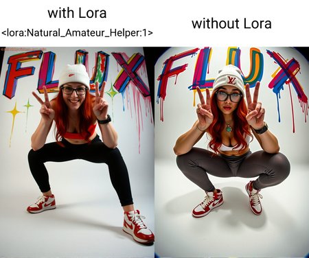 lifestyle photography, a natural woman , redhead, wearing a white louis vuitton beanie with red LV print, she is posing for a picture, doing the "V" victory hand sign with one hand, squatting, wearing tight lycra yoga pants, a sports bra, a collar with emeralds, a rolex watch, red white and black nike air jordan 1 chicago sneakers, picture taken from below at shoe level, fisheye effect, wearing thick rimmed glasses, white background with splashes of colorful paint, and the background above the woman has writing that says in big colorful letters "FLUX", with Lora  <lora:Natural_Amateur_Helper:1>