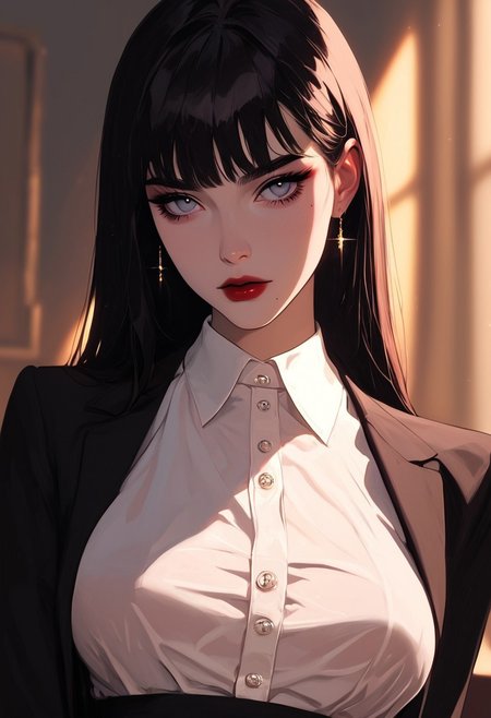 masterpiece,best quality, highly detailed, score_9, score_8_up, score_7_up, score_6_up, source_cartoon,
 BREAK
1girl, 34 years old, slim waist, large natural breasts with slight sagging, braless, pale skin, light makeup (dark red lips, sharp eyeliner, defined eyebrows), long black hair, straight strands, tight black suit (semi-transparent blouse, pencil skirt), garter belt, stockings, high heels, cold expression, looking straight ahead, extreme close-up on face and upper body, office setting, bright lighting, rich details, soft shadows, intense focus, raw power dynamics
 BREAK
dynamic light, warm_light, vibrant colors warm_colors, soft focus, high contrast, textured surfaces, depth of field, golden hour lighting, dramatic shadows, rich details, nature-inspired color palette, playful composition.