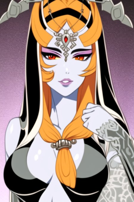 masterpiece, best quality, portrait of midna, dusk, full body, pelvic curtain, legs, slim, 1girl, breasts, colored sclera, blue skin, forehead jewel, front ponytail, grey skin, large breasts, lips, long hair, looking at viewer, midna, orange hair, solo, yellow sclera, intricate hair, official art