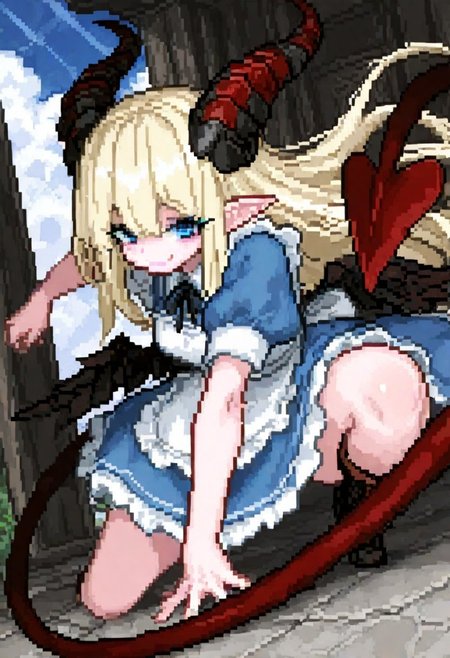 masterpiece, best quality, Good quality, very aesthetic, absurdres, newest,1girl, cloud, cloudy sky, day, light rays, looking at viewer, sky, smile, solo, 
BREAK 
raytracing, volumetric lighting, ambient occlusion, girl, background, masterpiece, best quality, very awa, absurdres,
BREAK
masterpiece,amazing quality,best quality,ultra-detailed,8K,illustration,CG,shiny hair,ultra-detailed-eyes, detailed background,cute girl, eyelashes, erotic, 
BREAK
(sexy, slutty, hot, aroused),
Alice, segmented horns, leathery wings, hip wings, prehensile tail, spade-tipped tail, blonde hair, pointy ears, blue eyes, red leather, blue dress, apron
BREAK
pixel art, solo focus, only girl, dynamic pose, action,