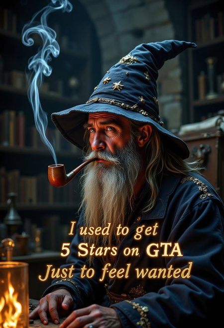 A melancholy old wizard sits alone in a dimly lit stone chamber, the flickering light of a small fire casting long, dancing shadows on the rough walls. His weathered face is framed by a long, flowing gray beard, streaked with white, and his tattered pointed hat droops slightly to one side. The wizard gazes into the distance, his heavy-lidded eyes filled with sorrow and nostalgia, as he puffs on a wooden pipe, the smoke curling lazily upward in ethereal, glowing tendrils. His robe, once resplendent with mystical patterns, is now faded and frayed, its colors muted by time. The background hints at shelves crammed with dusty books, ancient scrolls, and forgotten magical artifacts.

In the middle of the image, overlaid text in an elegant, glowing script reads:
'I Used to Get 5 Stars on GTA Just to Feel Wanted.'