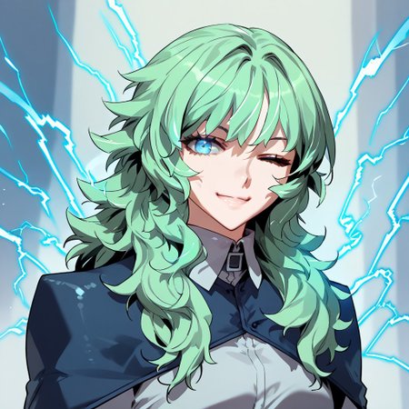 score_9, score_8_up, score_7_up, score_6_up, source_anime, standing, looking at viewer, smiling, wink, VivianBelkan blue eyes, green hair, long hair, electricity, zPDXL3