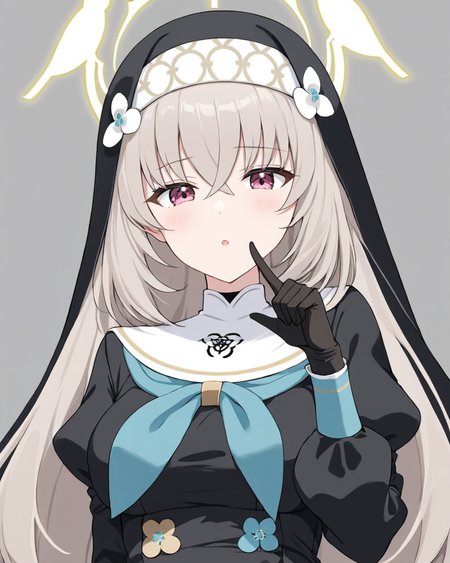 sakurako \(blue archive\),1girl, nun, solo, habit, halo, black_gloves, looking_at_viewer, upper_body, parted_lips, long_sleeves, index_finger_raised, black_dress, grey_background, breasts, puffy_sleeves, flower, lips, simple_background, finger_to_mouth
<lora:sakurako_(blue_archive)_image854_2023-11-28-000015:1>halo. gorgeous,key visual, vibrant, studio anime,award-winning, professional, highly detailed,high budget, cinemascope