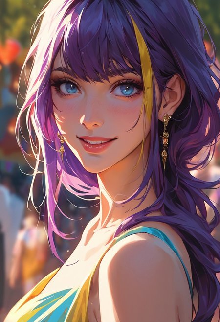 score_9, score_8_up, score_8, close up, 1girl , solo sexy woman, light blue eyes, straight medium purple hair, yellow highlights, bangs, hair swept to one side,  eyeliner, perfect face, elegant, refined, medium breasts, colorful sundress, shy smile, dynamic pose, volumetric lighting, cinematic lighting, outdoors, festival, blurry background