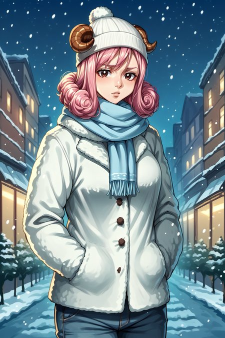 score_9, score_8_up, score_7_up, score_6_up, 1girl, solo BREAK source_anime, <lora:NSAriesFairyTail:1> NSAriesFaiTai, sheep horns, pink hair, medium hair, hair curls, beanie, scarf, winter coat, pants, hands in pocket, outdoors, night, snowing, city,
