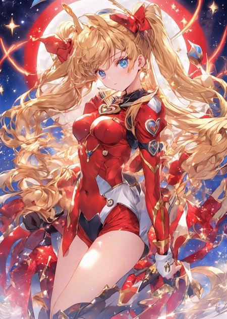 ((masterpiece)), (best quality), highres, ultra-detailed,
anime stiyle, 1girl, blonde hair, blue sailor collar, boots, brooch, choker, crescent, crescent earrings, double bun, earrings, hair ornament, hairpin, heart choker, holding wand, jewelry, long hair, magical girl, red choker, sailor collar, solo, tiara, tsukino usagi:1.2, twintails, bodysuit, bracer, breasts, cowboy shot,  pilot suit:1.2, plugsuit, red bodysuit, souryuu asuka langley, standing, tape, turtleneck